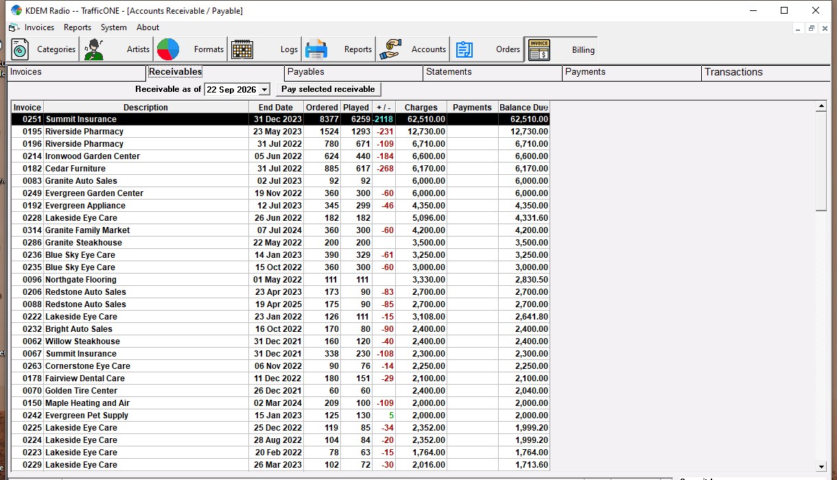 The receivables screen of TrafficONE, with every invoice and its balance